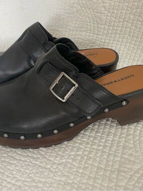 Lucky Brand Black Leather Clog Mules with Silver Buckle